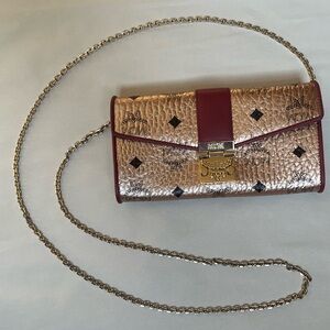 MCM Large Tracy Wallet Crossbody with Chain- Champagne Rose with Red Accents